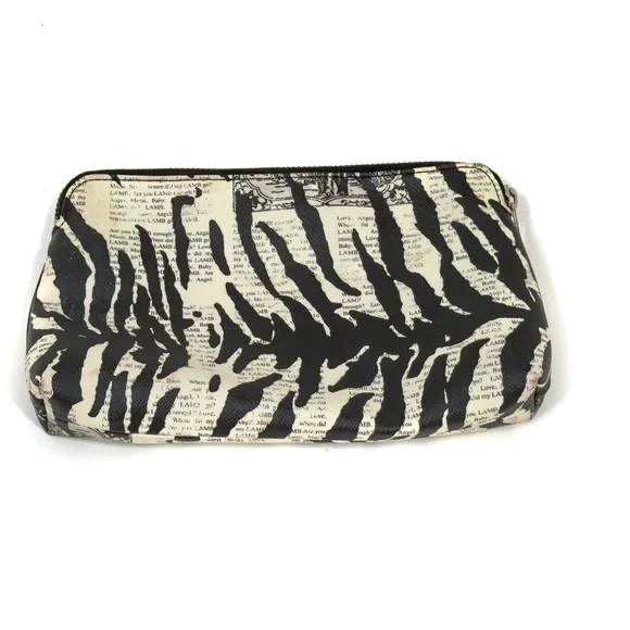 L.A.M.B. Gwen Stefani Black & White Zebra Newspaper Print Top Zip Cosmetic Bag - Picture 2 of 7